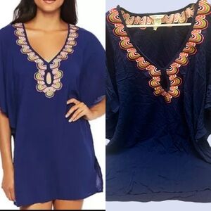 Trina Turk Navy Blue Tunic with Colorful Embroidery